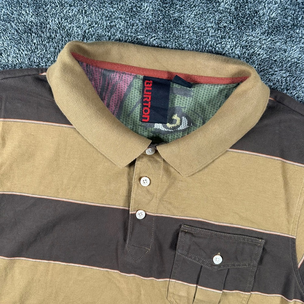 Burton Polo Shirt Mens XL Brown Tan Striped Short Sleeve Pocket Skater Top